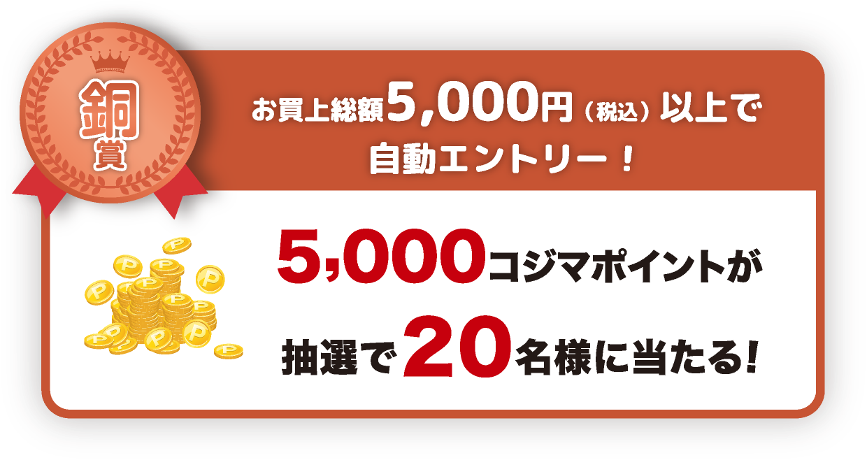 銅賞：お買上総額5,000円（税込）以上で自動エントリー！5,000コジマポイントが抽選で20名様に当たる！